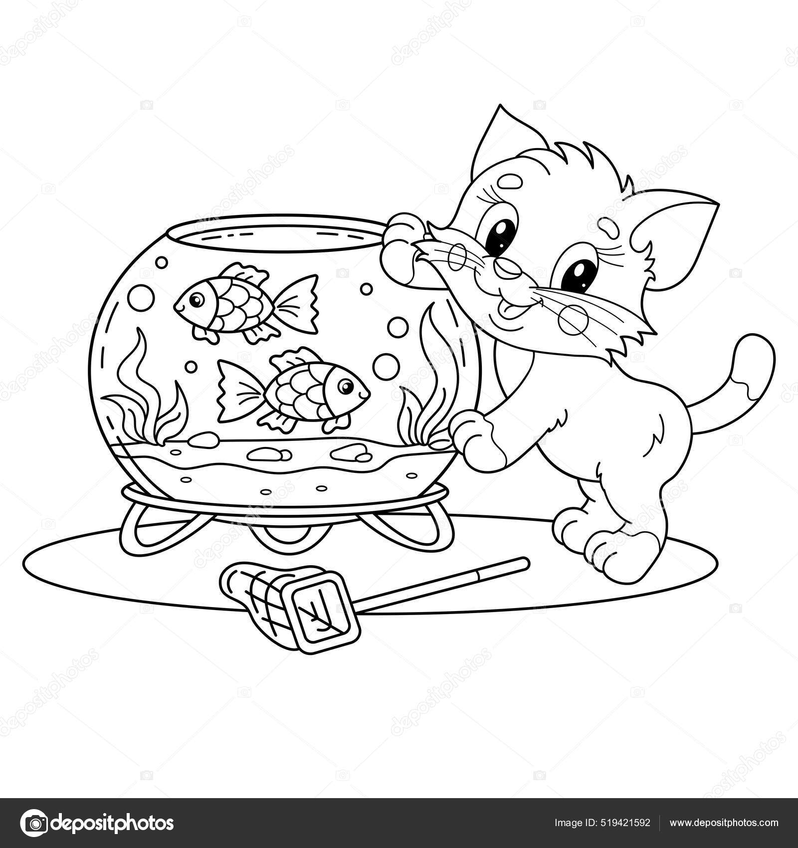 Desenho Desenho Desenhos Animados Pequeno Gato Com Aquário Com Peixes  imagem vetorial de Oleon17© 519421592
